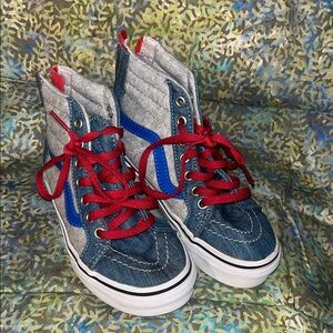 Vans Kids Denim and Gray High-Top Sneakers with Red Laces